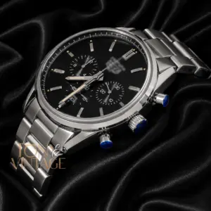 Chronograph Silver Chain Watch with Black Dial
