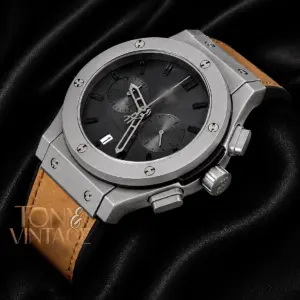 Chronograph Silver Matt Watch with Gray Dial and Brown Velvet Strap