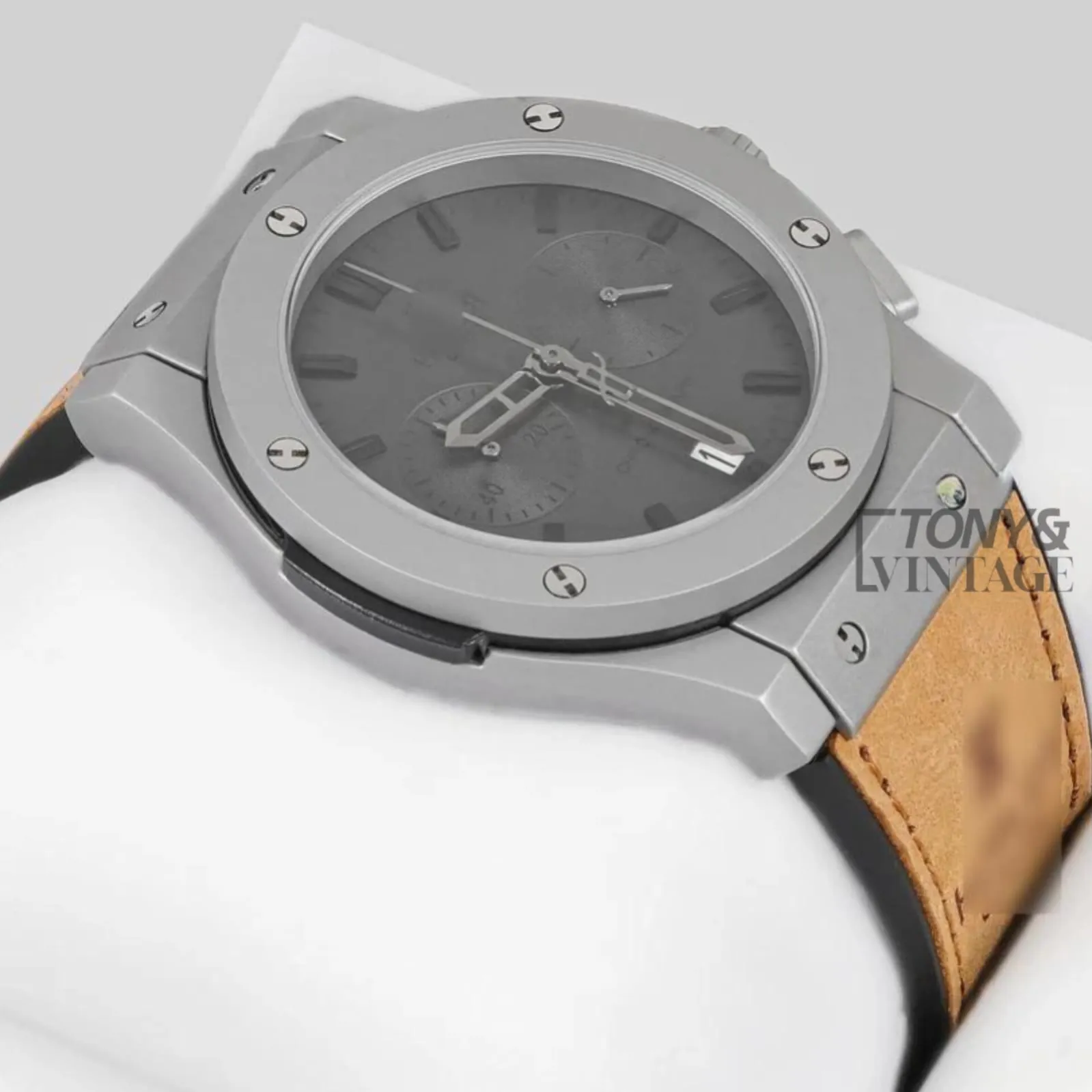 Chronograph Silver Matt Watch with Gray Dial and Brown Velvet Strap - Image 2