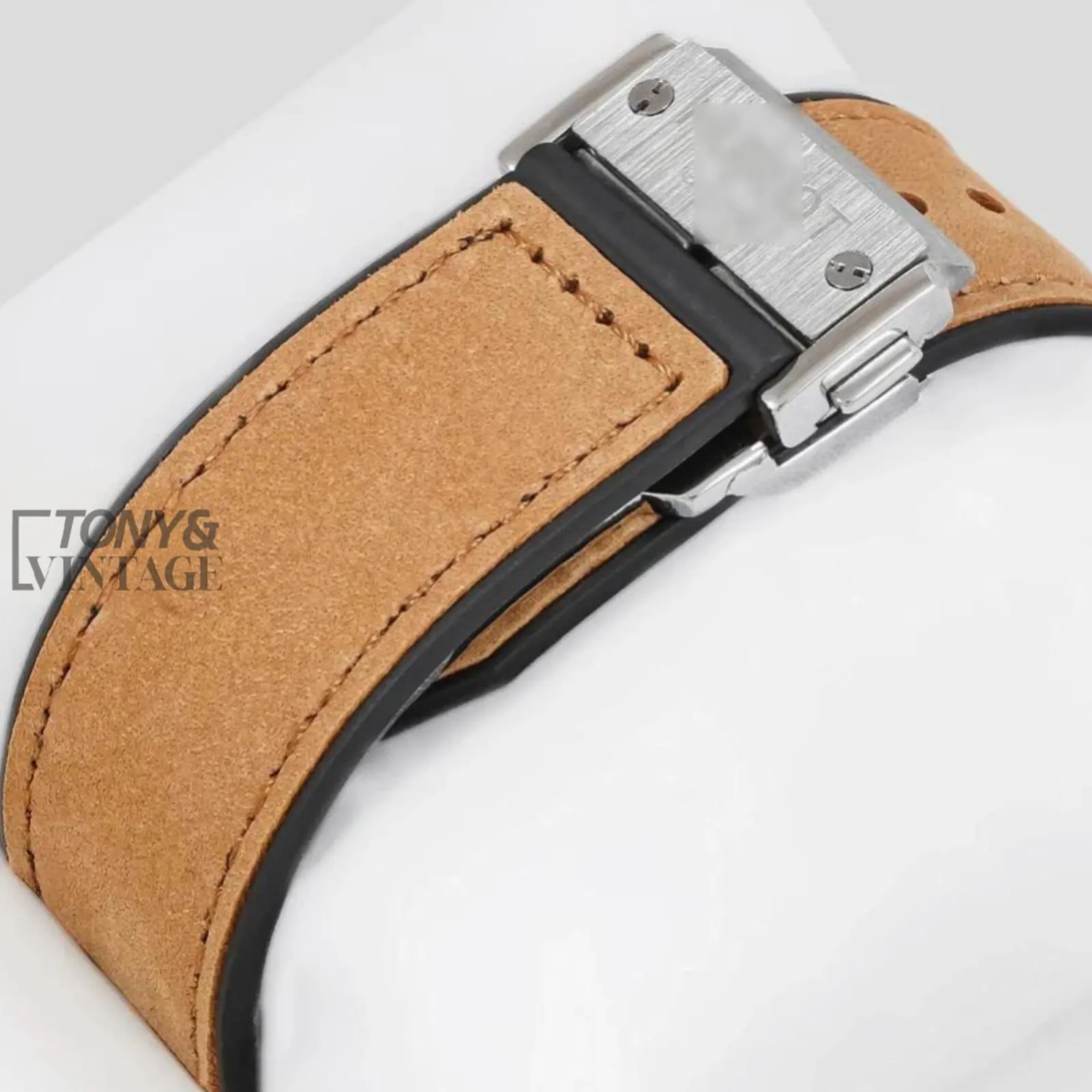 Chronograph Silver Matt Watch with Gray Dial and Brown Velvet Strap - Image 3