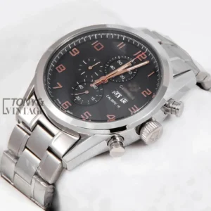 "Chronograph Silver Stainless Steel Watch with Black Dial "