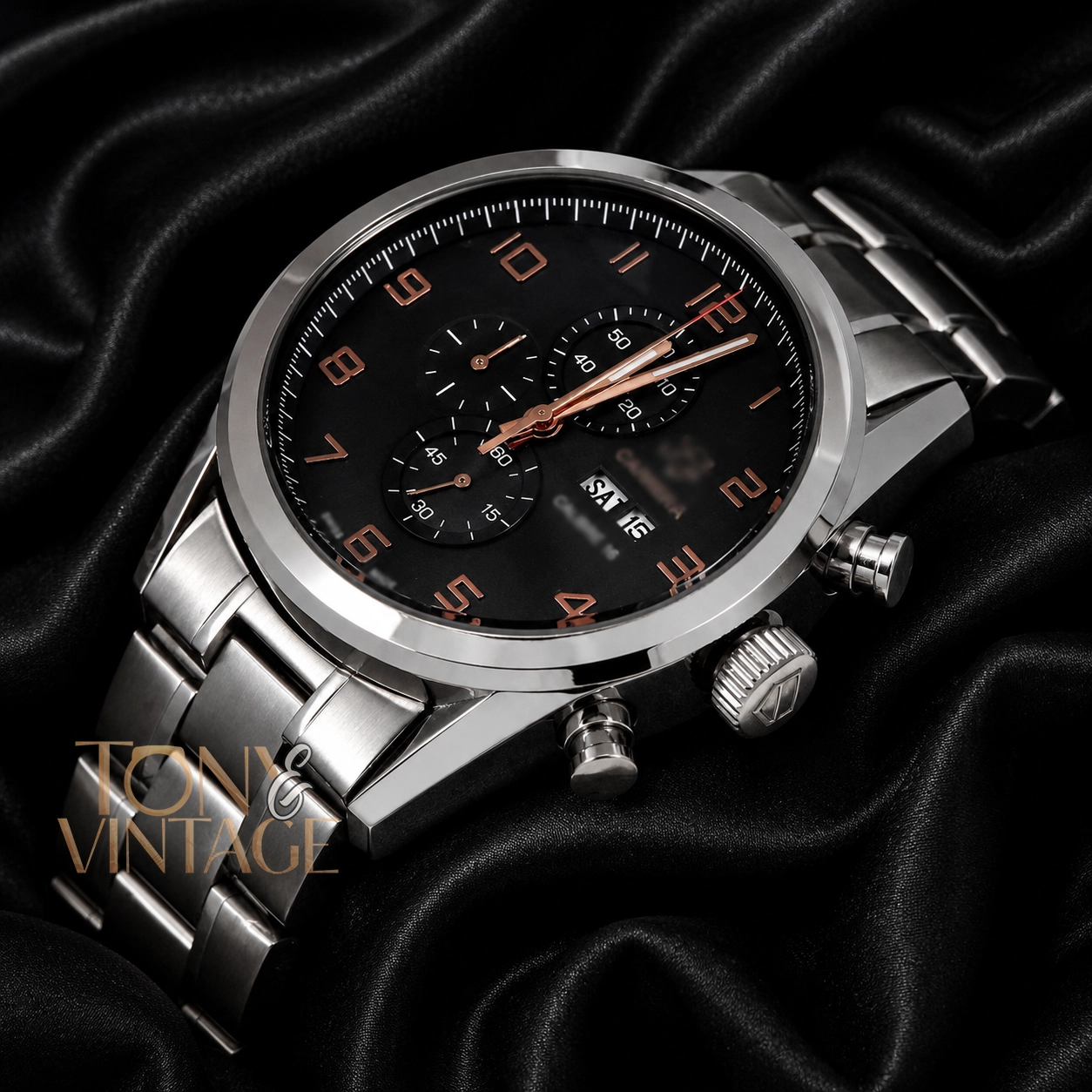 Chronograph Silver Stainless Steel Watch with Black Dial