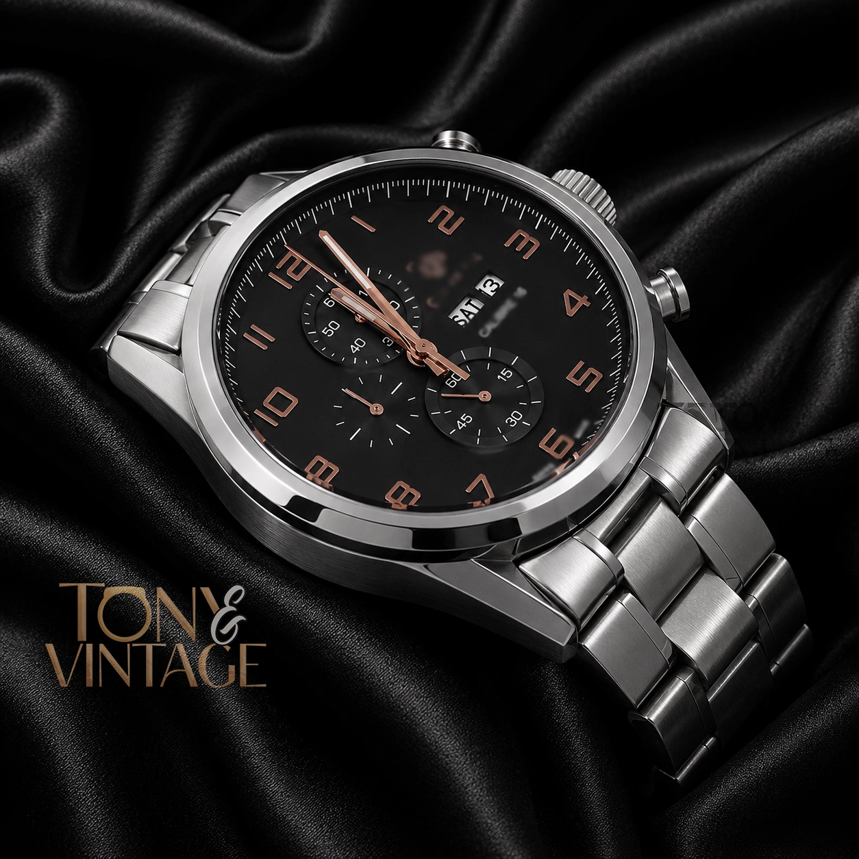 Chronograph Silver Stainless Steel Watch with Black Dial - Image 2