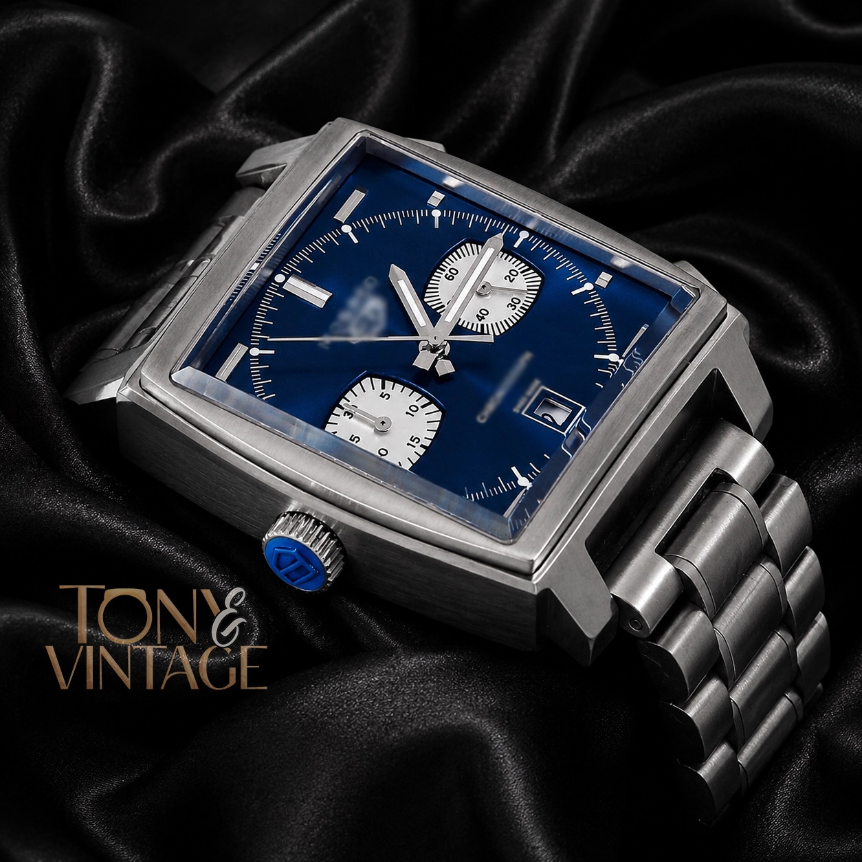Chronograph Silver Stainless Steel Watch with Blue Dial - Image 3