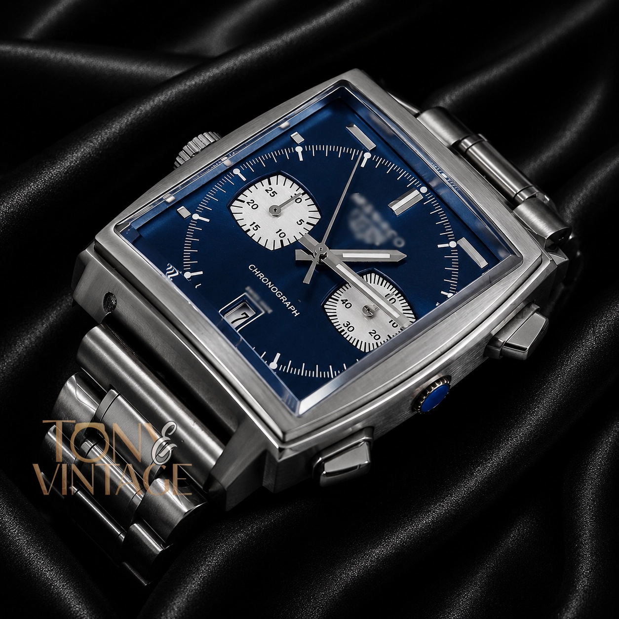 Chronograph Silver Stainless Steel Watch with Blue Dial