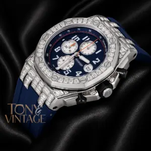Chronograph Silver Stone Bezel Blue Dial Rubber Strap