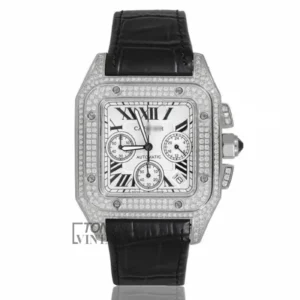 Chronograph Silver Stone Case with White Dial and Black Leather Strap