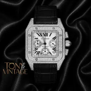 Chronograph Silver Stone Case with White Dial and Black Leather Strap