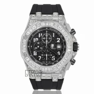 Chronograph Silver Stoned Bezel Black Dial Rubber Strap
