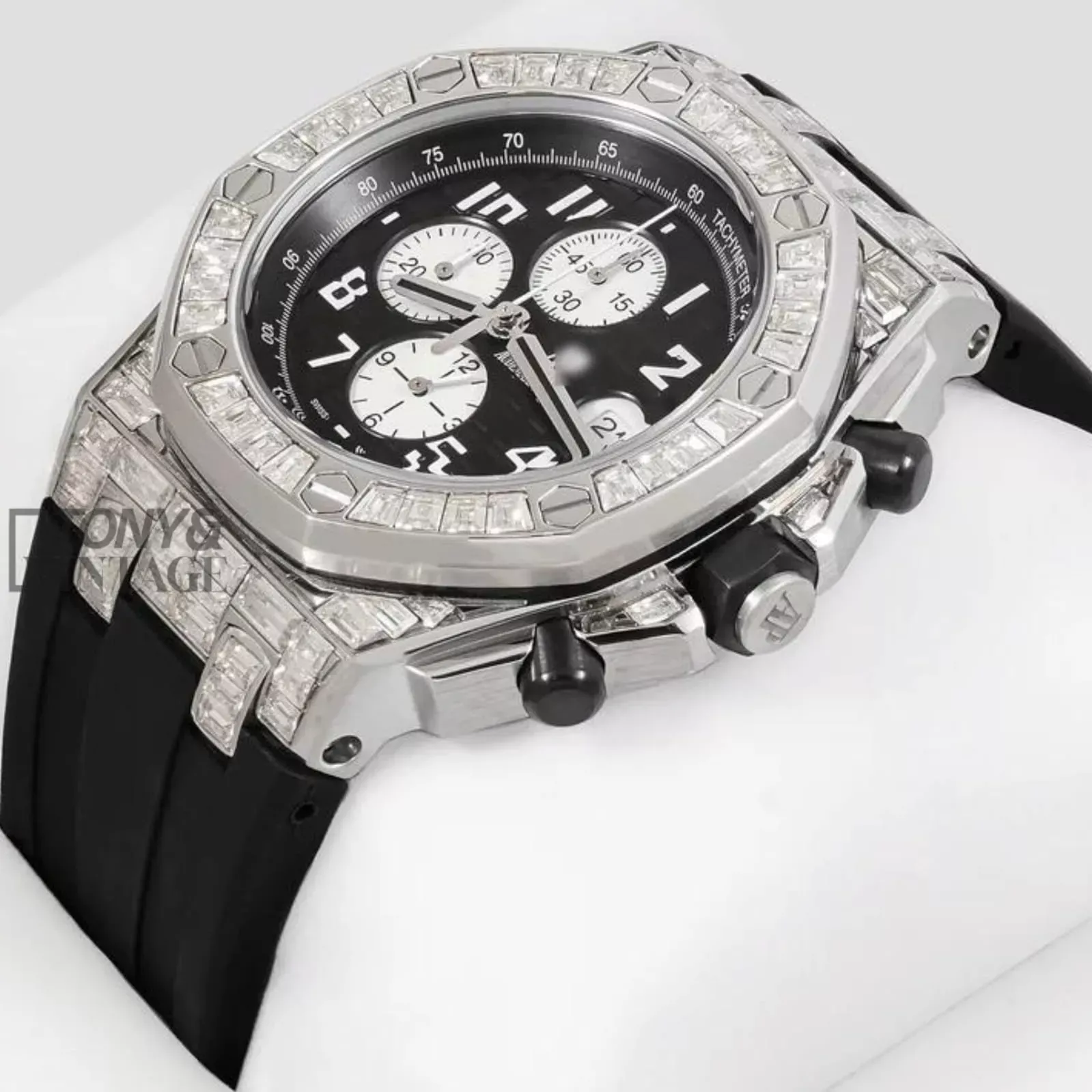 Chronograph Silver Stoned Bezel Black Dial Rubber Strap