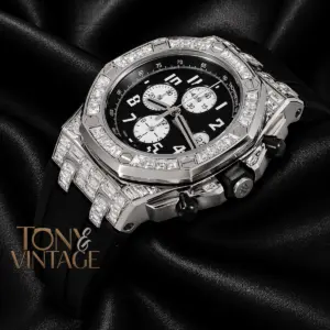 Chronograph Silver Stoned Bezel Black Dial Rubber Strap