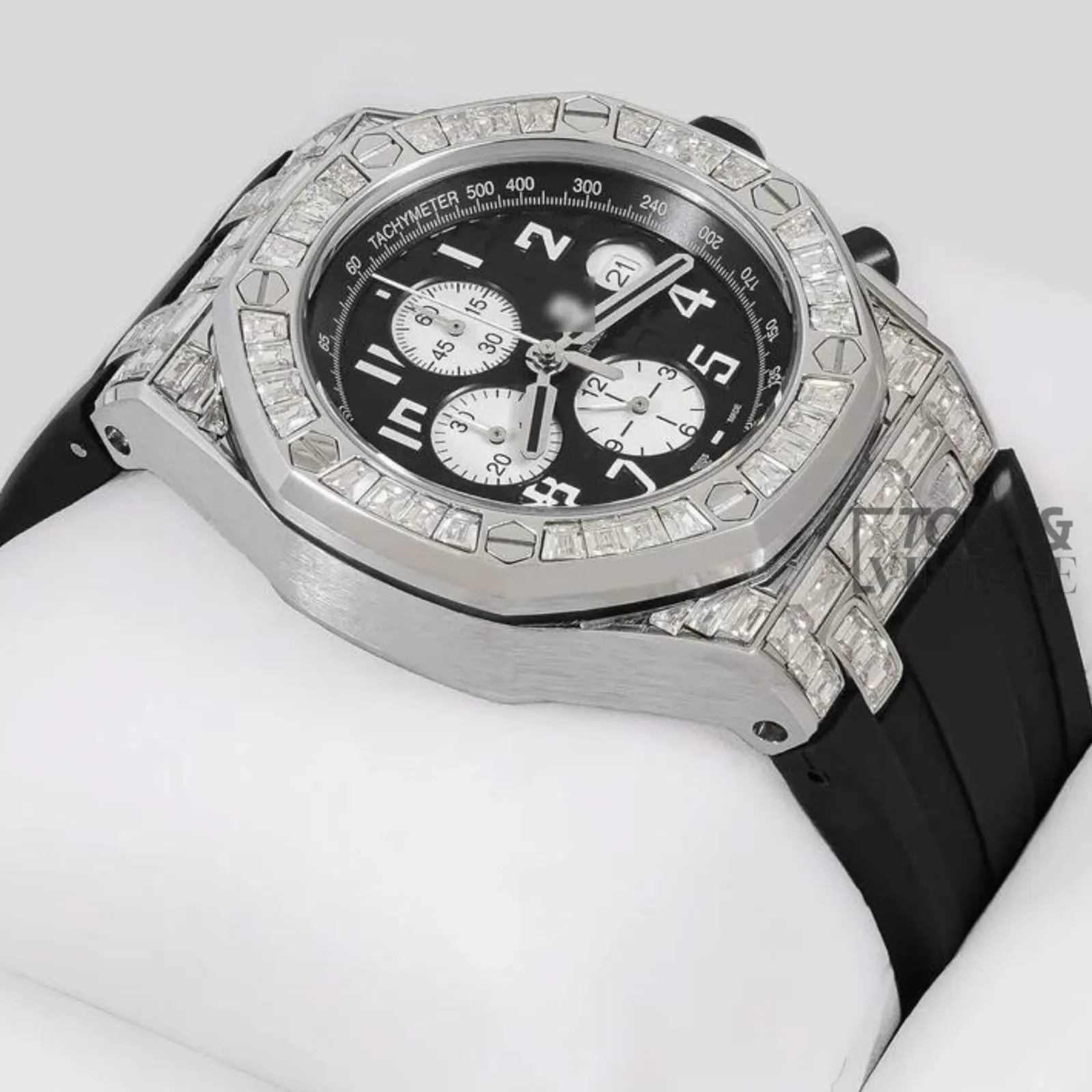 Chronograph Silver Stoned Bezel Black Dial Rubber Strap - Image 2