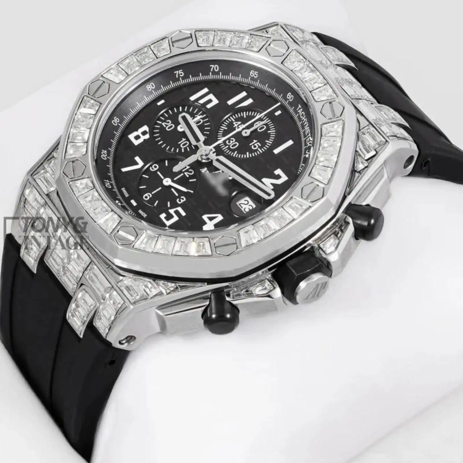 Chronograph Silver Stoned Bezel Black Dial Rubber Strap - Image 2