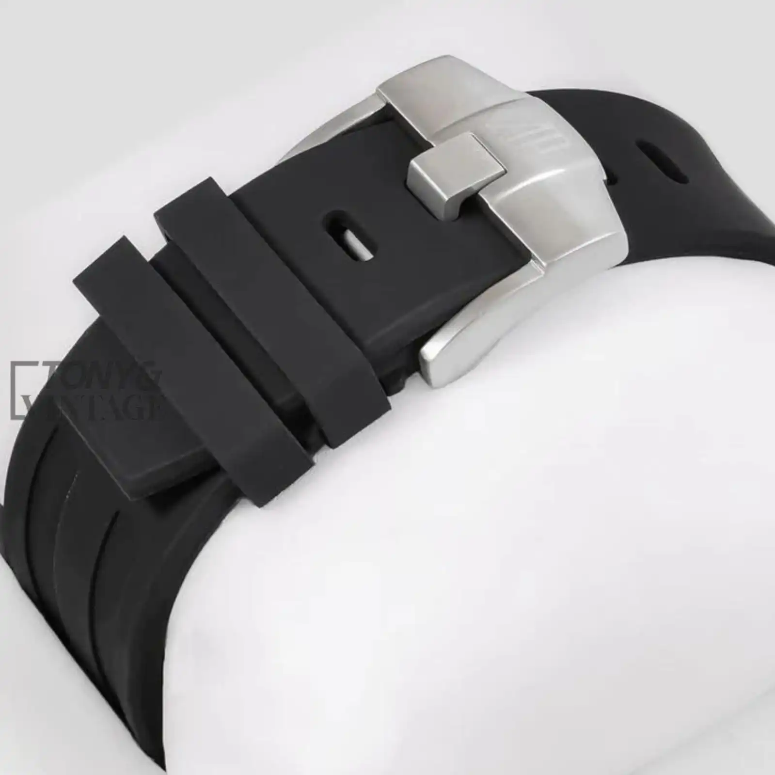 Chronograph Silver Stoned Bezel Black Dial Rubber Strap - Image 3