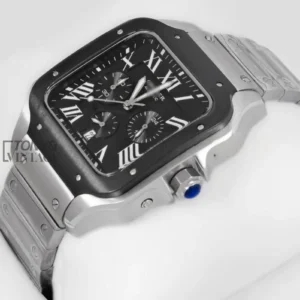 Chronograph Silver Watch With Black Dial and Bezel Chain