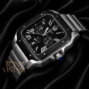 Chronograph Silver Watch With Black Dial and Bezel Chain