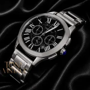 Chronograph Silver Watch With Black Dial and Chain Strap