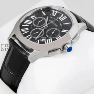 Chronograph Silver Watch With Black Dial and Leather Strap