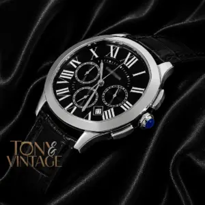 Chronograph Silver Watch with Dial and Black Leather Strap