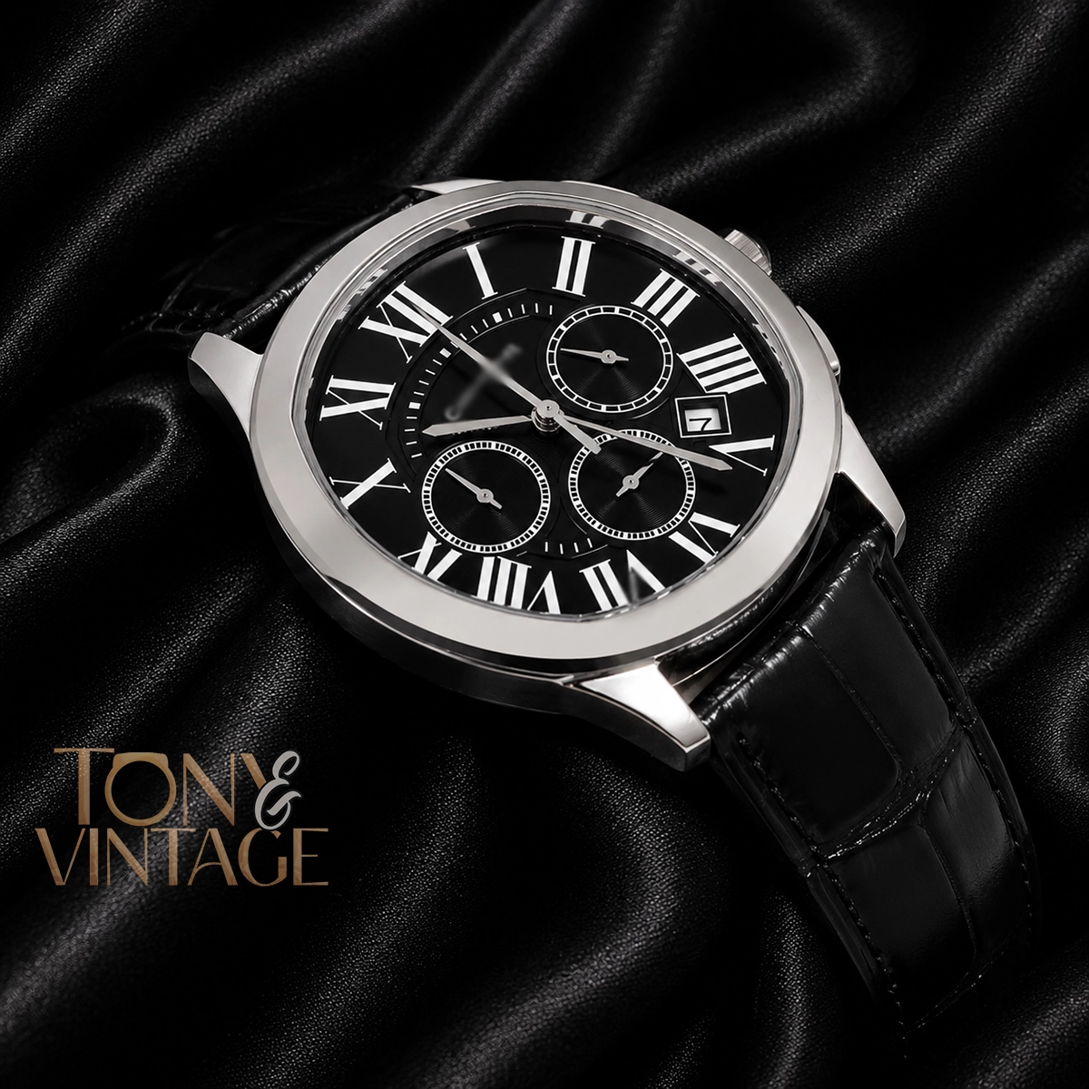 Chronograph Silver Watch with Dial and Black Leather Strap - Image 3