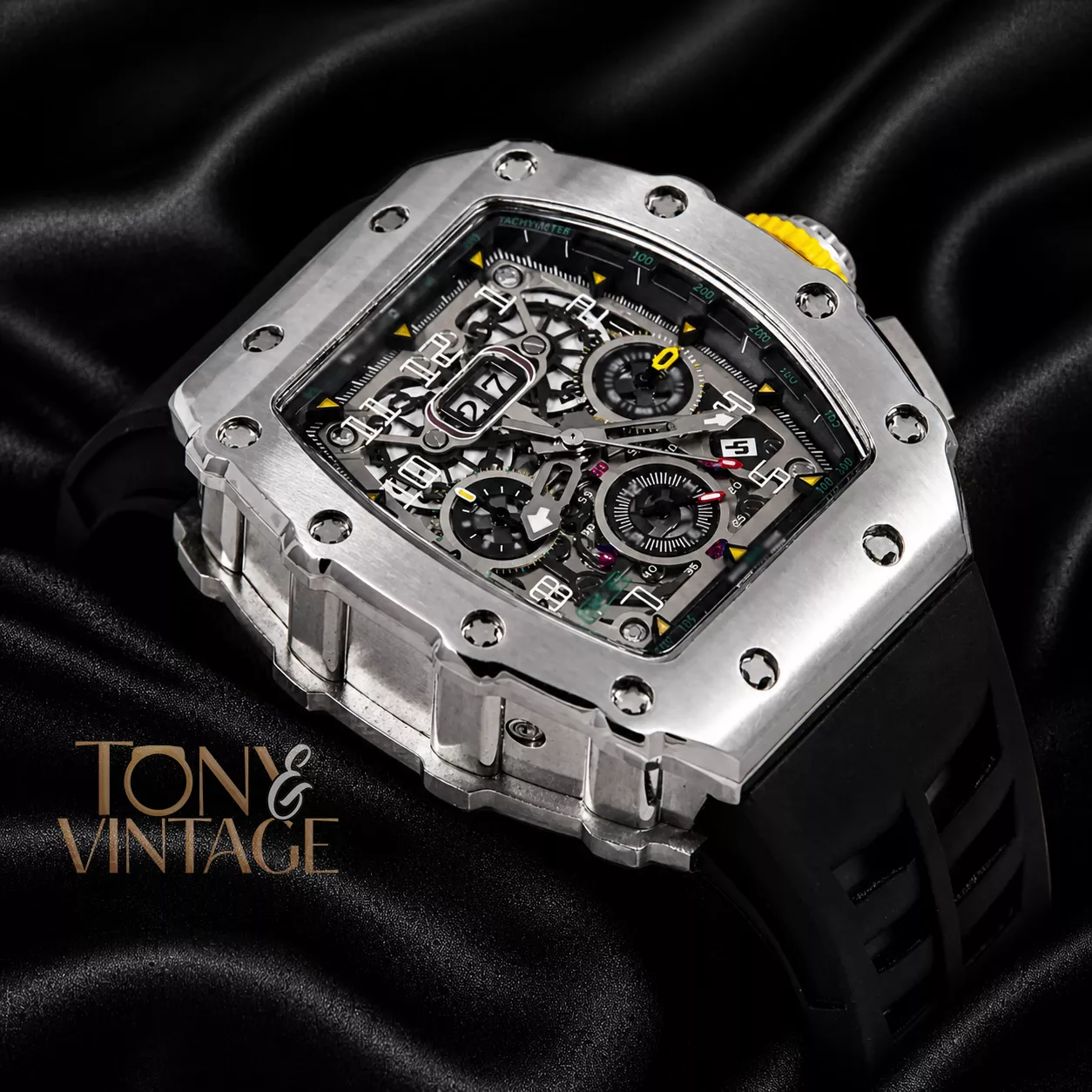 Chronograph Silver Watch With Black Rubber Strap - Image 2