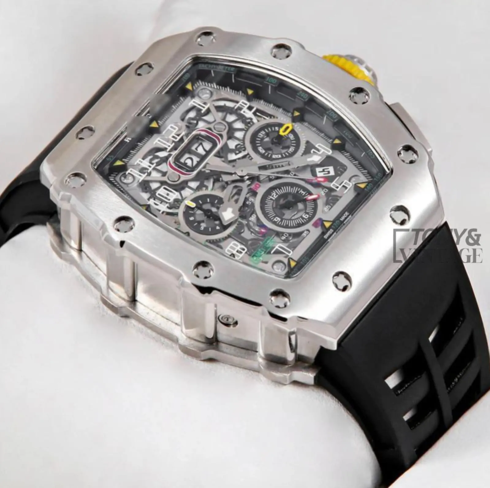 Chronograph Silver Watch With Black Rubber Strap - Image 2