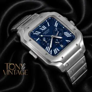 Chronograph Silver Watch With Blue Dial and Chain