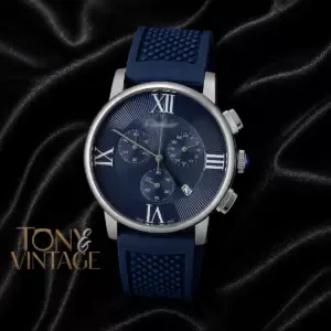 Chronograph Silver Watch With Blue Dial and PVC Strap