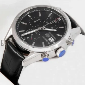 "Chronograph Silver Watch with Black Dial and Leather Strap "