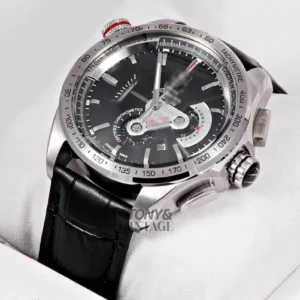 Chronograph Silver Watch with Black Dial and Leather Strap