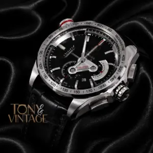 Chronograph Silver Watch with Black Dial and Leather Strap