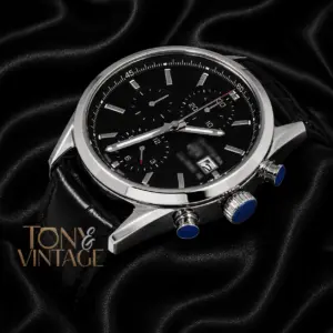Chronograph Silver Watch with Black Dial and Leather Strap