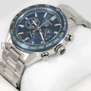 "Chronograph Silver Watch with Blue Dial and Bezel "