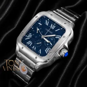 Chronograph Silver Watch with Blue Dial and Chain Strap