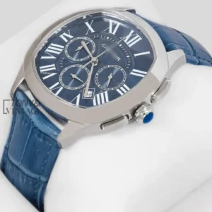 Chronograph Silver Watch with Blue Dial and Leather Strap