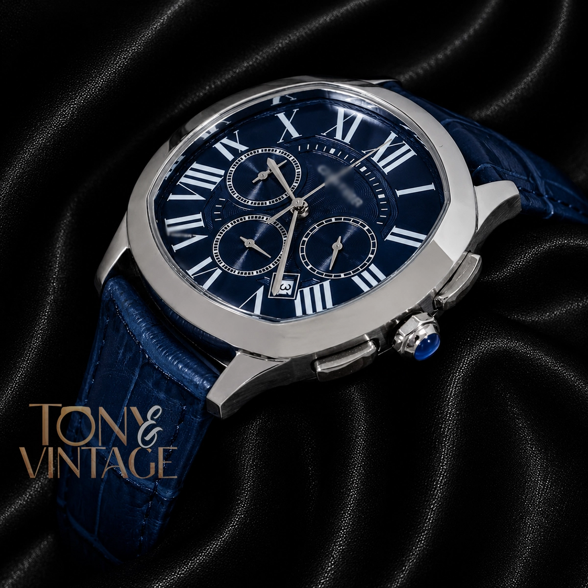 Chronograph Silver Watch Blue Dial and Leather Strap