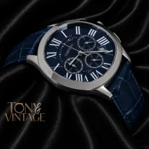 Chronograph Silver Watch with Blue Dial and Leather Strap