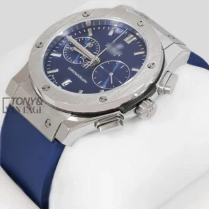 Chronograph Silver Watch with Blue Dial and PVC Strap