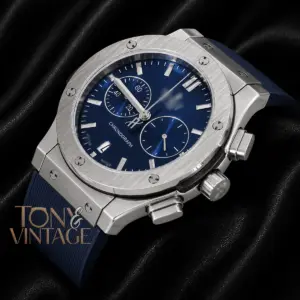 Chronograph Silver Watch with Blue Dial and PVC Strap