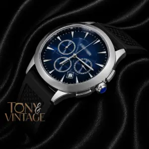 Chronograph Silver Watch with Blue Dial and Rubber Strap