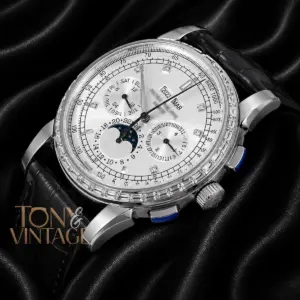 Chronograph Silver Watch with Dial and Black Leather Strap