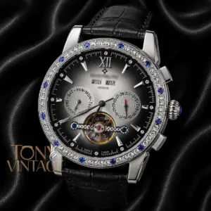 Chronograph Silver Watch with Gray Dial and Leather Strap