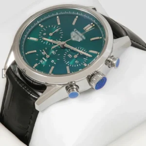 Chronograph Silver Watch with Green Dial and Black Leather Strap