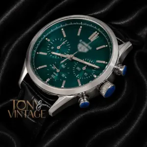 Chronograph Silver Watch with Green Dial and Black Leather Strap