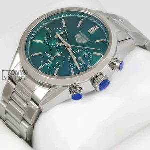 "Chronograph Silver Watch with Green Dial "