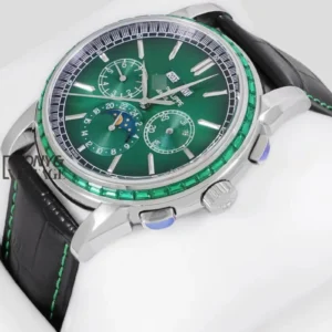 Chronograph Silver Watch with Sea Green Dial and Black Leather Strap