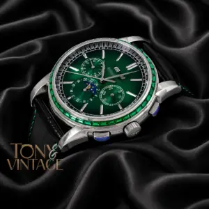 Chronograph Silver Watch with Sea Green Dial and Black Leather Strap