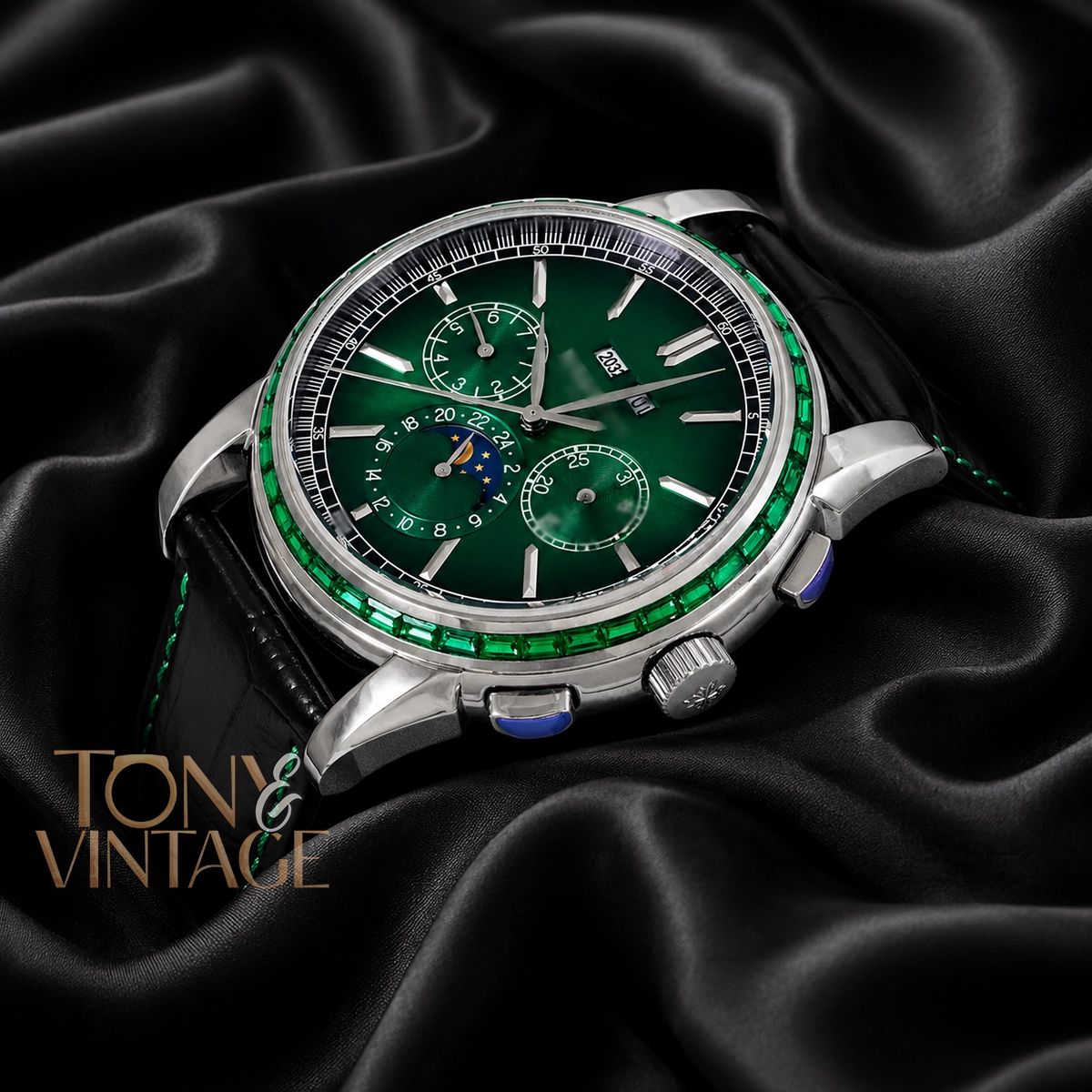 Chronograph Silver Watch with Sea Green Dial and Black Leather Strap