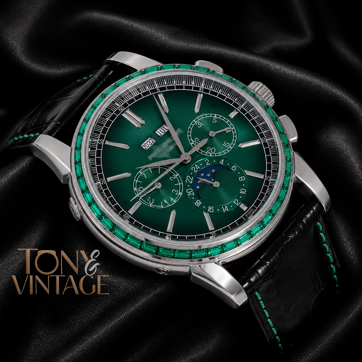 Chronograph Silver Watch with Sea Green Dial and Black Leather Strap - Image 2