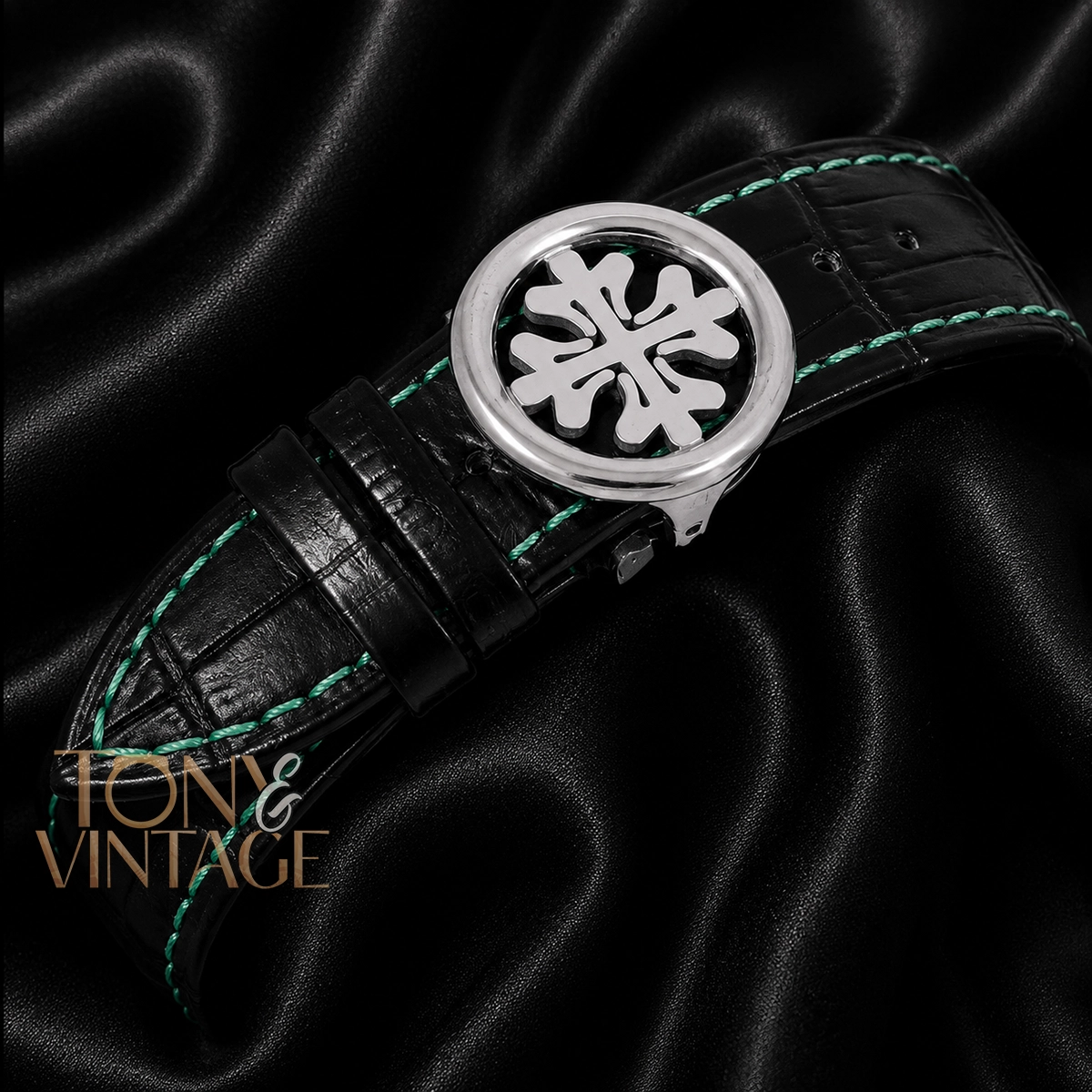 Chronograph Silver Watch with Sea Green Dial and Black Leather Strap - Image 3